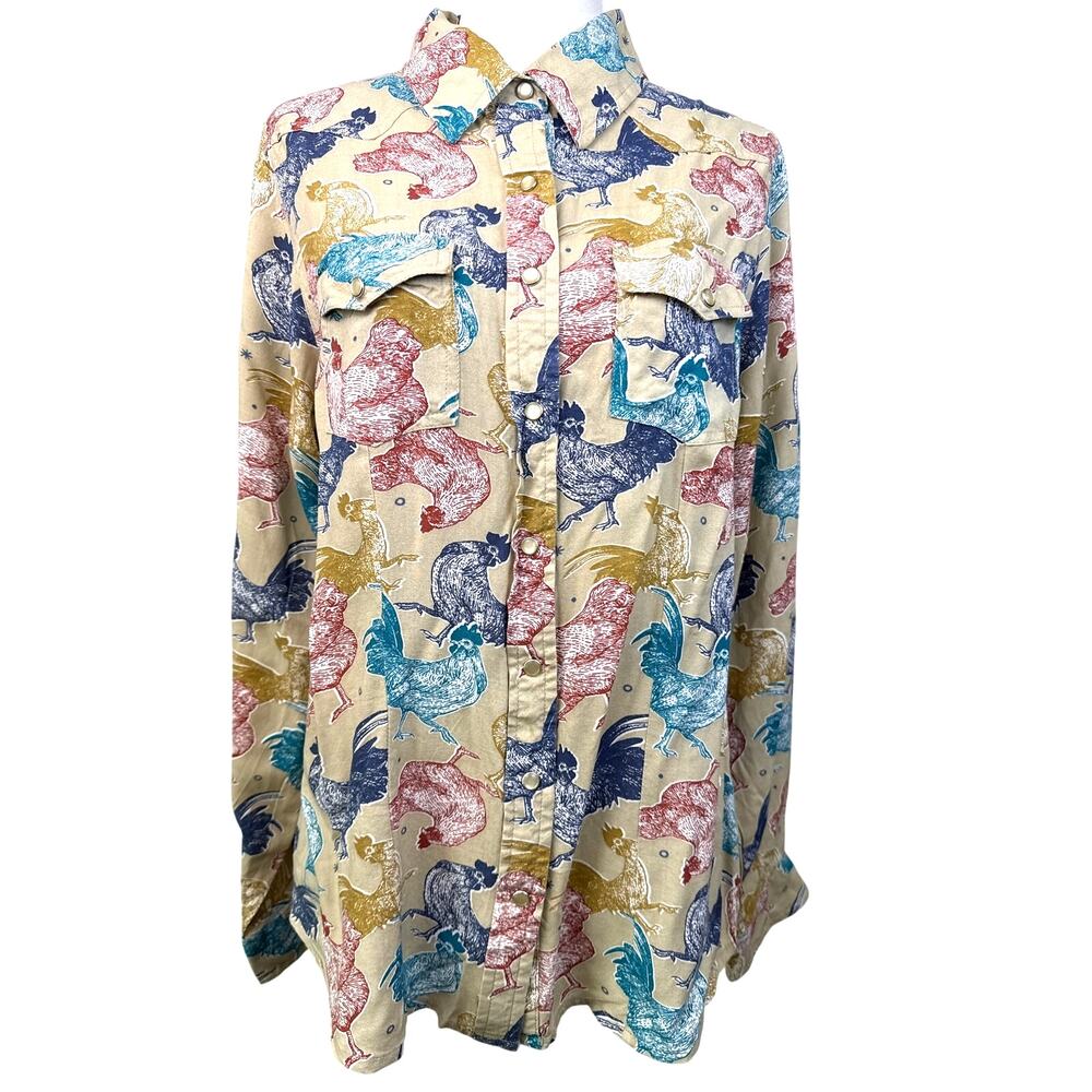 Cotton Rye Rooster Print Button Front Shirt Medium Western Farmhouse Novelty
